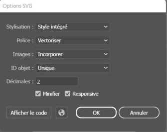 Capture d'image des réglages SVG sur illustrator